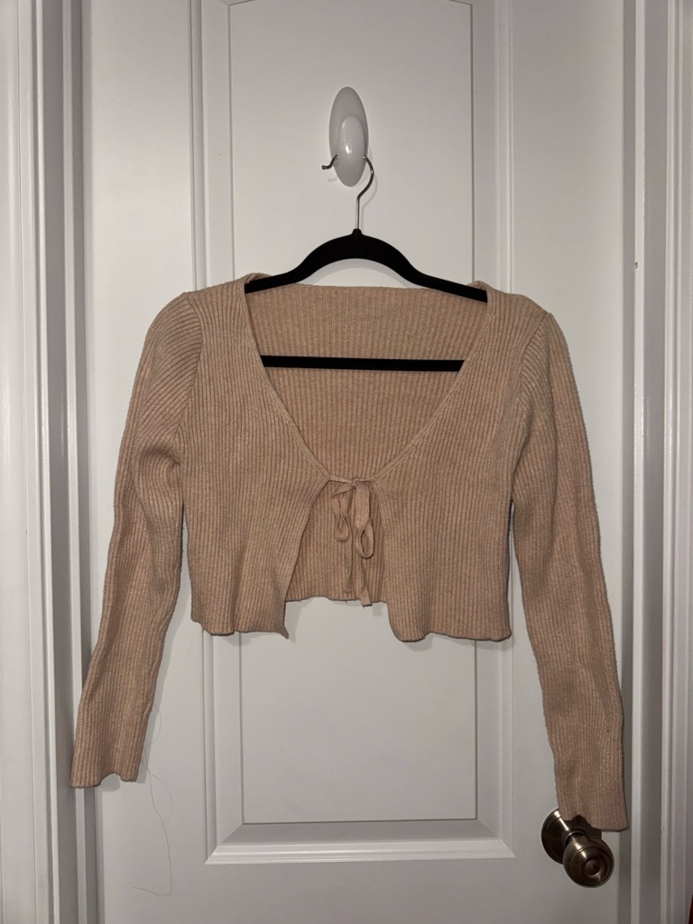 Women’s SHEIN Tie-Front Ribbed Cropped Cardigan - Beige